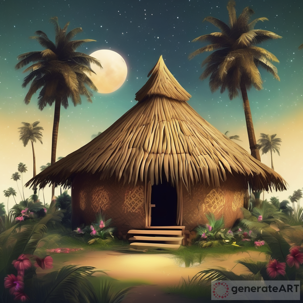 GENERATE AN IMAGE OF AN FRICAN HUT WITH PALM TREES, BANANA TREES AND FLOWERS IN CELESTIAL REALM WITH MILK WAYS