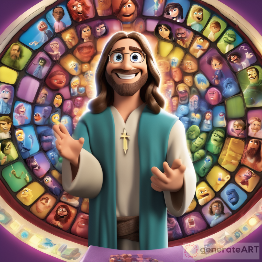 Generate an inside out movie version of jesus christ in the control panel, half body, make it png