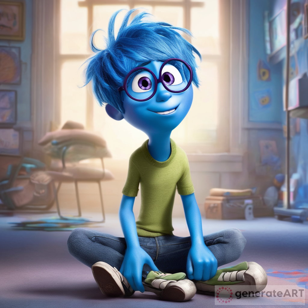 The Inside Out character called dumb with messy blue hair and light blue skin captivates with his unique appearance. his blue crossed eyes seem to tell a story of hidden emotions and depth. This character is a visually stunning representation of inner beauty and complexity