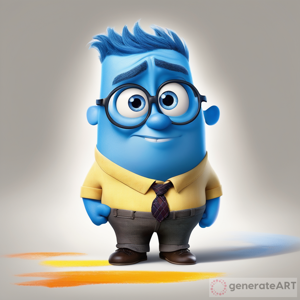 The Inside Out character called dumb with messy yellow orange and light  yellow skin captivates with his unique appearance. his blue crossed eyes seem to tell a story of hidden emotions and depth. This character is a visually stunning representation of  and complexity he has no glasses and is short and looks stupid