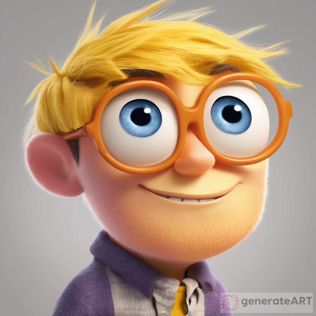 The Inside Out character called dumb with messy yellow orange and light  yellow skin captivates with his unique appearance. his  crossed eyes seem to tell a story of hidden emotions and depth. This character is a visually stunning representation of  and complexity he has no glasses and is short and looks stupid