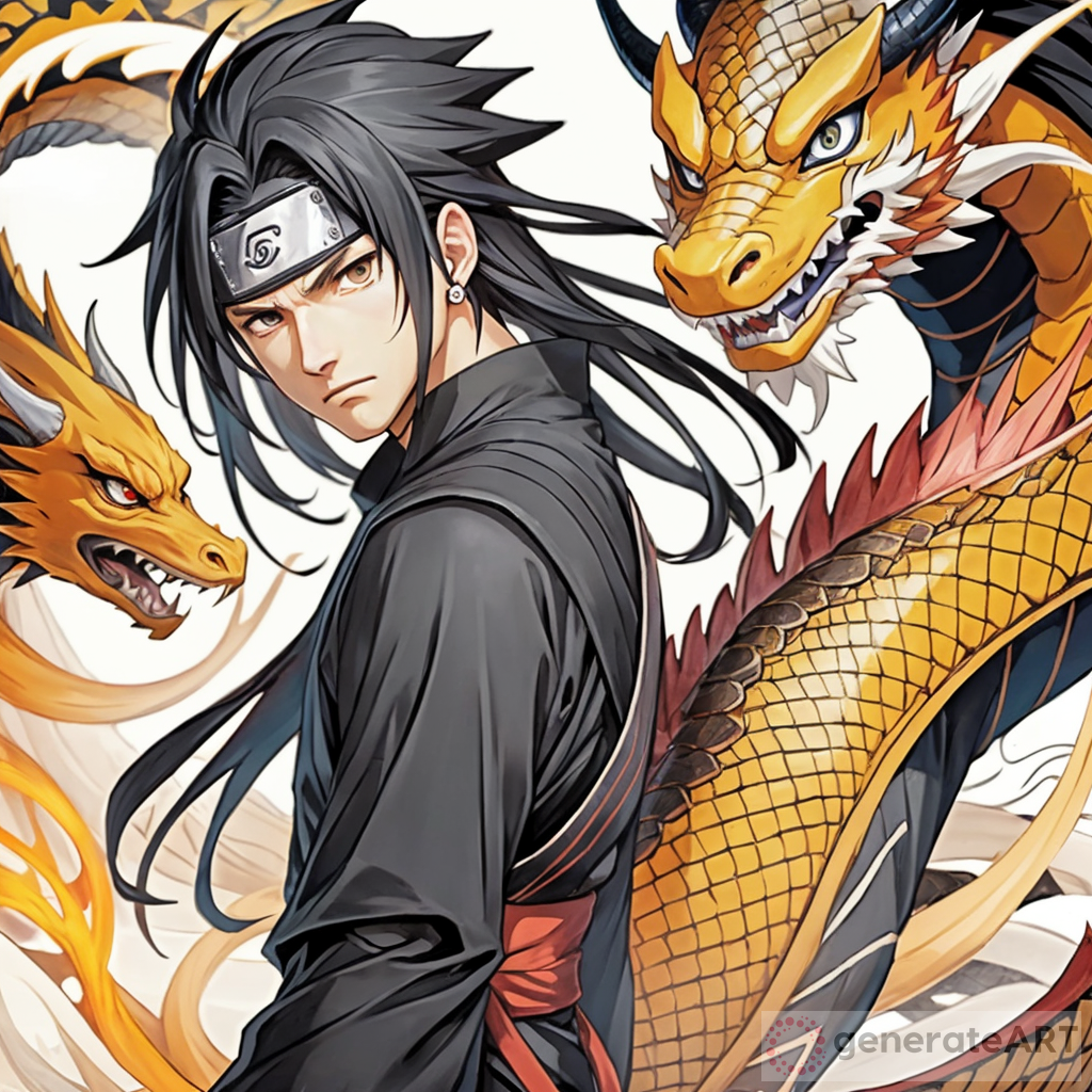 male ninja long black hair, naruto style, dragon background