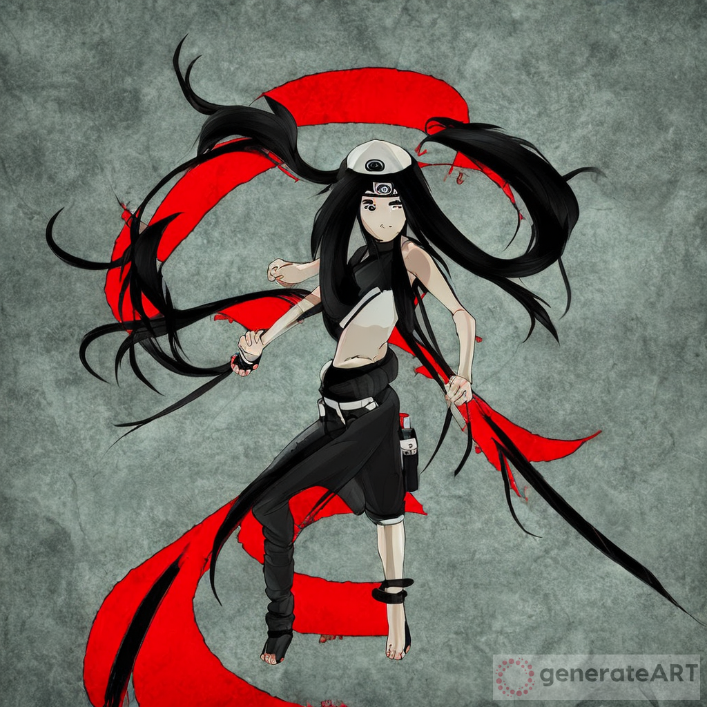female ninja long black hair, naruto style, sharingan eyes