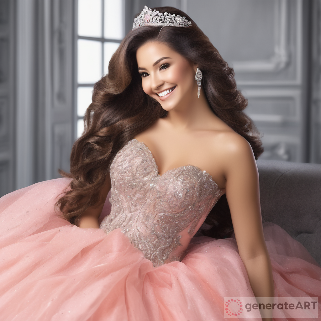 A lady in quinceanera gown with long, glossy, and voluminous hair, styled to perfection. Her hair is healthy, shiny, and vibrant, cascading down her back in soft straight hair. She exudes confidence, elegance, and radiance.  highlighting her beauty and the shine of her hair. She is smiling warmly, with flawless skin and a natural makeup look that emphasizes her features without overpowering them