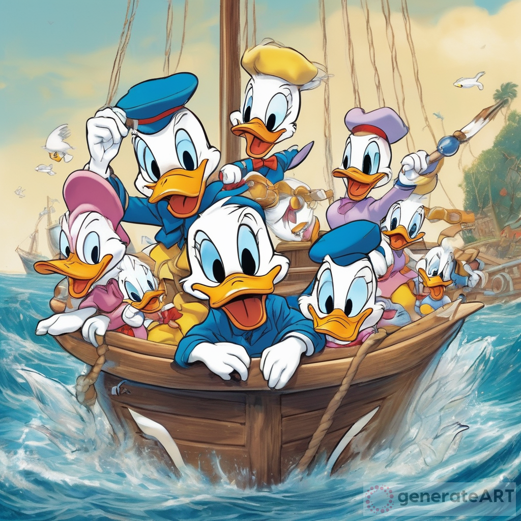 daisy duck and donald duck and their children on a boat which a shark bit half of it off