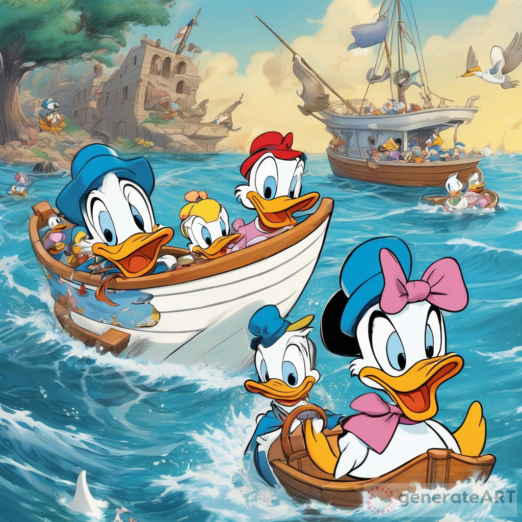 daisy duck and donald duck and their children on a boat which a shark bit half of it off