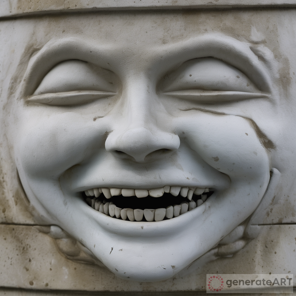 A sculpture's face with teeth smile surrounding by water