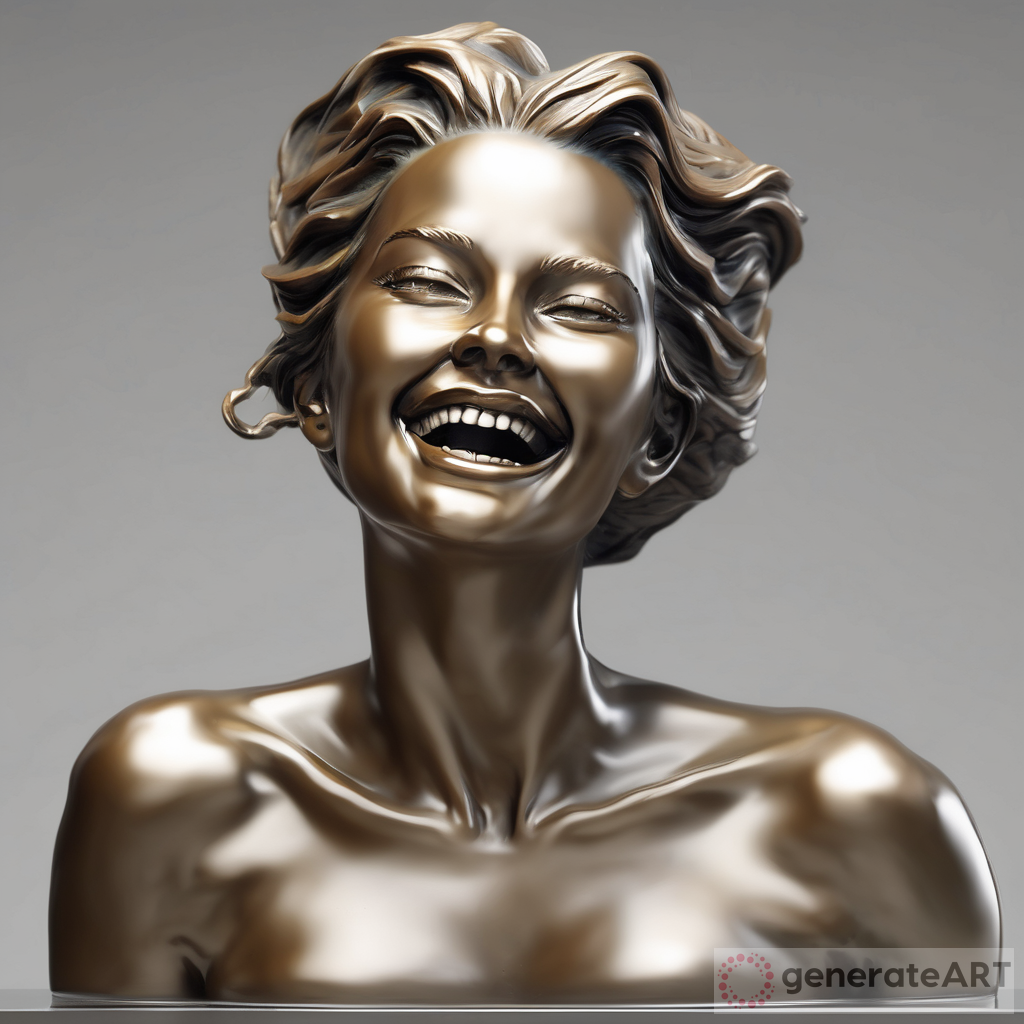 A realistic detailed sculpture's female beautiful face with good teeth surrounded by water