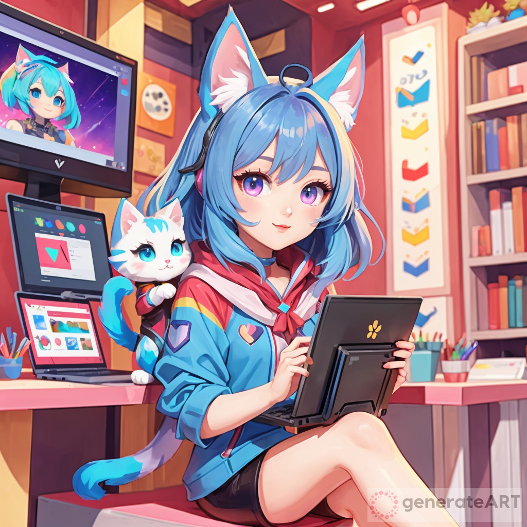 cute catgirl using a program on her computer called vencord which is a lot like the computer application discord and she is very cute and has the trans flag as the color scheme of her clothes and has a little trans flag on her computer