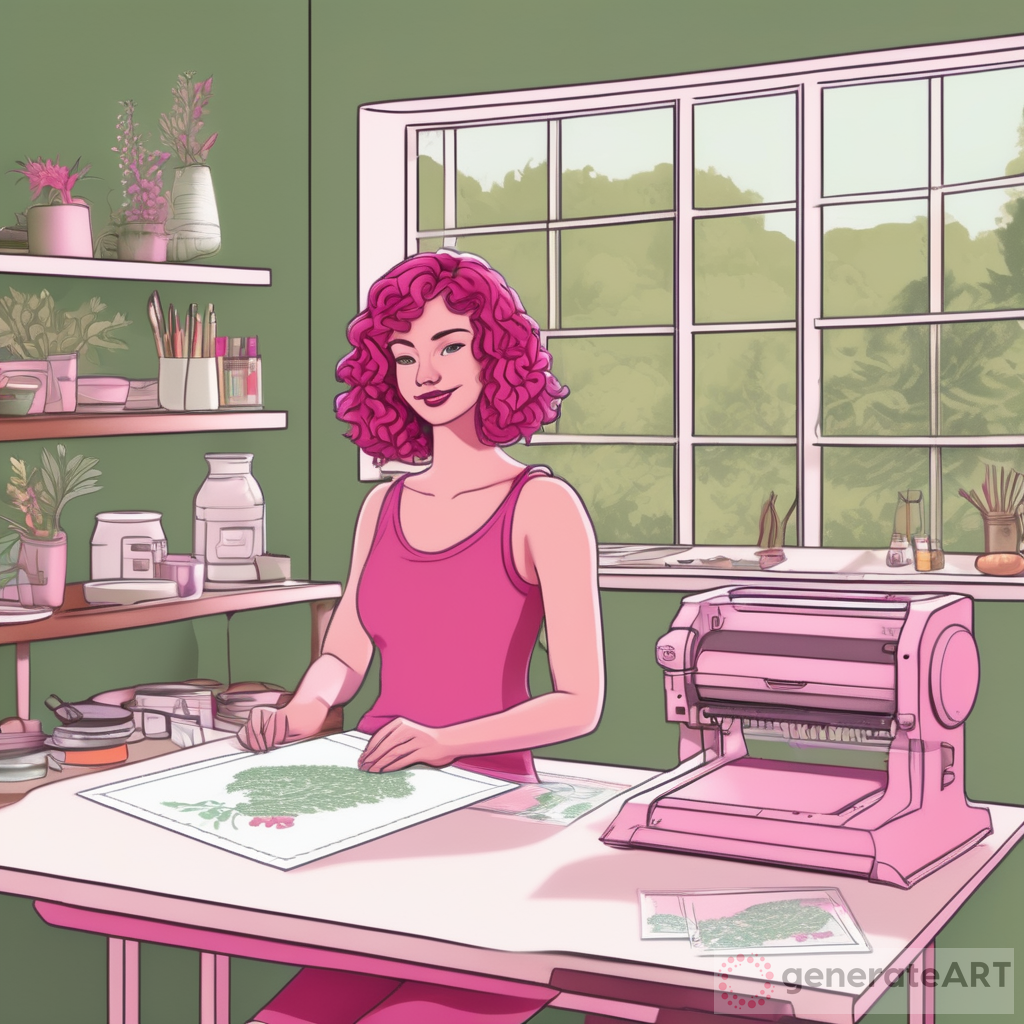 an illustration of a pale olive skinned lady, with shoulder length dark pink curly bob  she is standing in a craftroom, next a table. on the table is a cricut machine, with a cricut mat and supplies. there is a stack of card