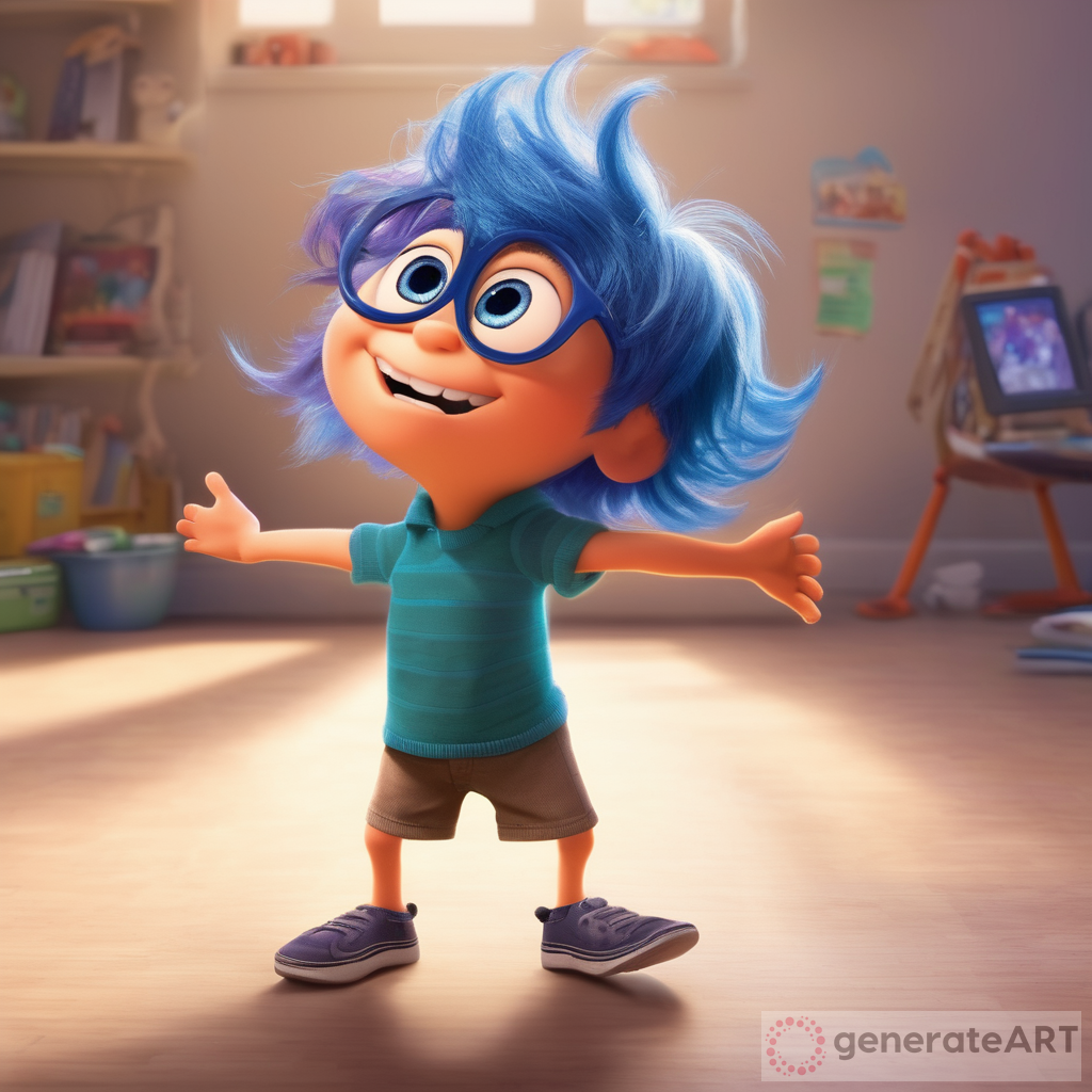 Create a disney pixar inside out type of character for the emotion of ADHD - full of energy. The character is a boy with glasses and no hair