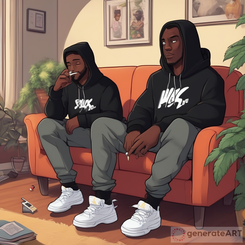 2 black guy cartoon character sitting on couch wearing black hoodie and black jogging pants, wearing black and white Jordan sneakers, smoking a fat marijuana blunts