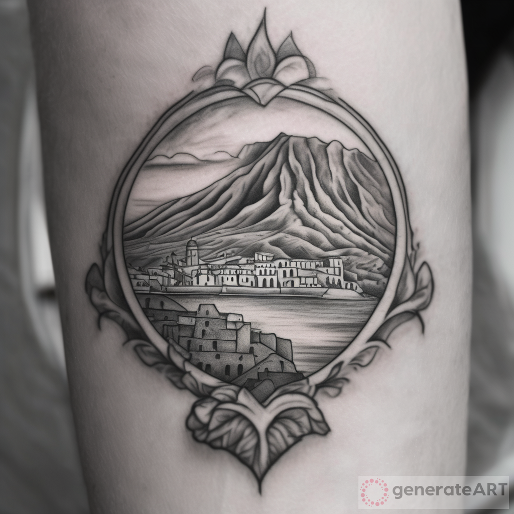 Tattoo Art in grayscale of Sicilian Trinicia over the outline of the island of Sicily