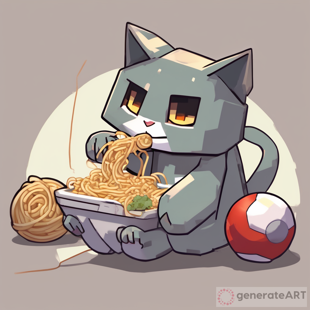 Minecraft Cat eating noodle with a poke ball in its other hand sitting down