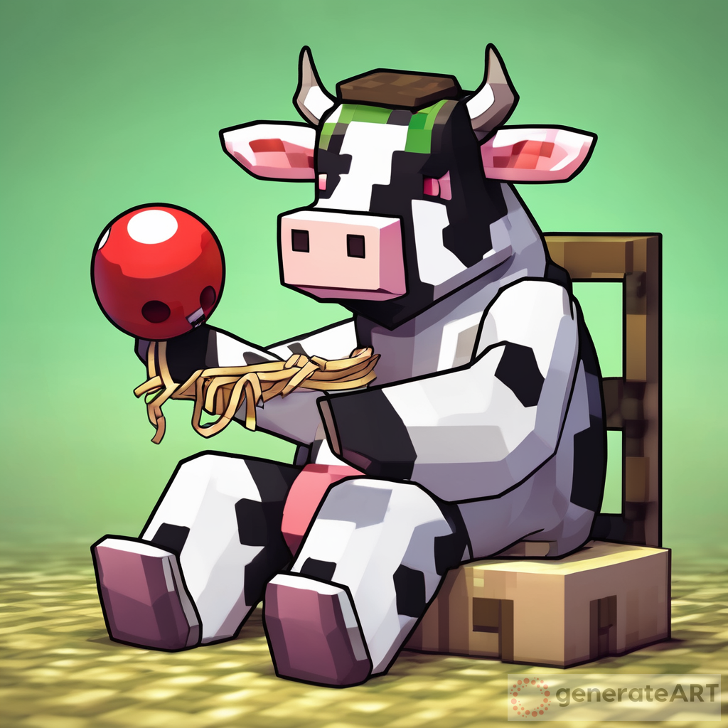 Minecraft Cow eating noodle with a poke ball in its other hand sitting down