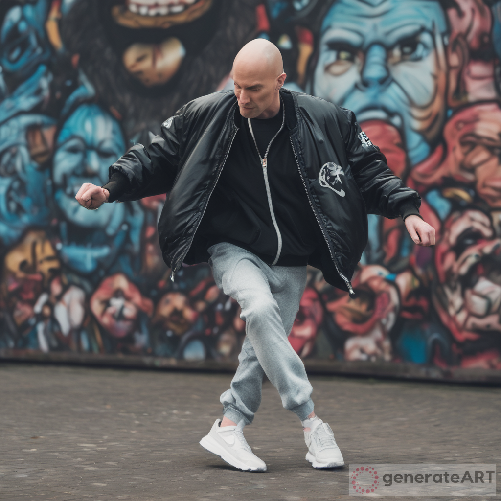 A dutch bald gabber on Nike air max and a Bomber jacket on, dancing on thunderdome