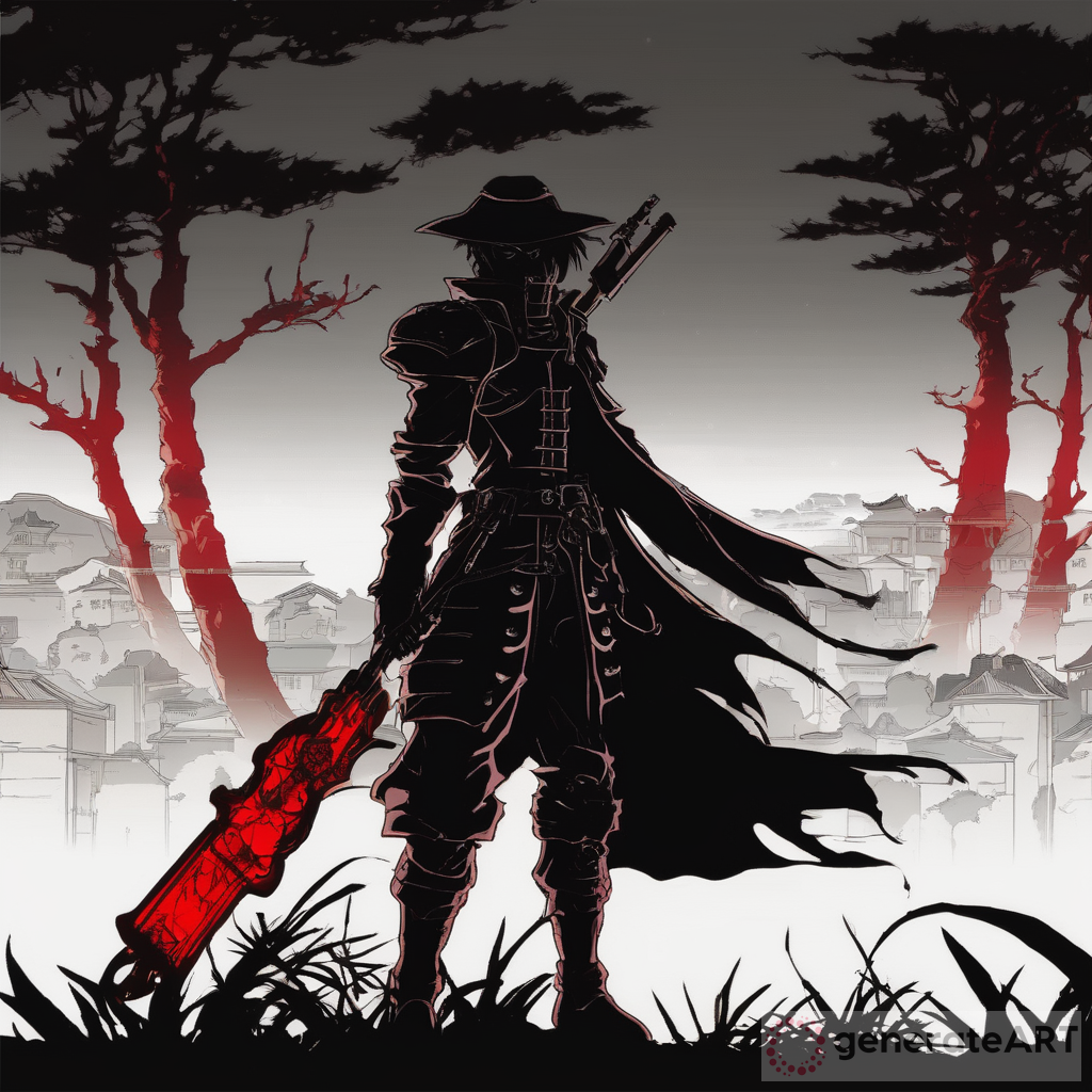 DVD screengrab of the silhouette from Kulia's animated series "Deathminimal," featuring an inquisitor with red eyes and black armor holding a rifle, standing against the moonlight. Designed in the style of Masamune Shirow, with a retro anime aesthetic