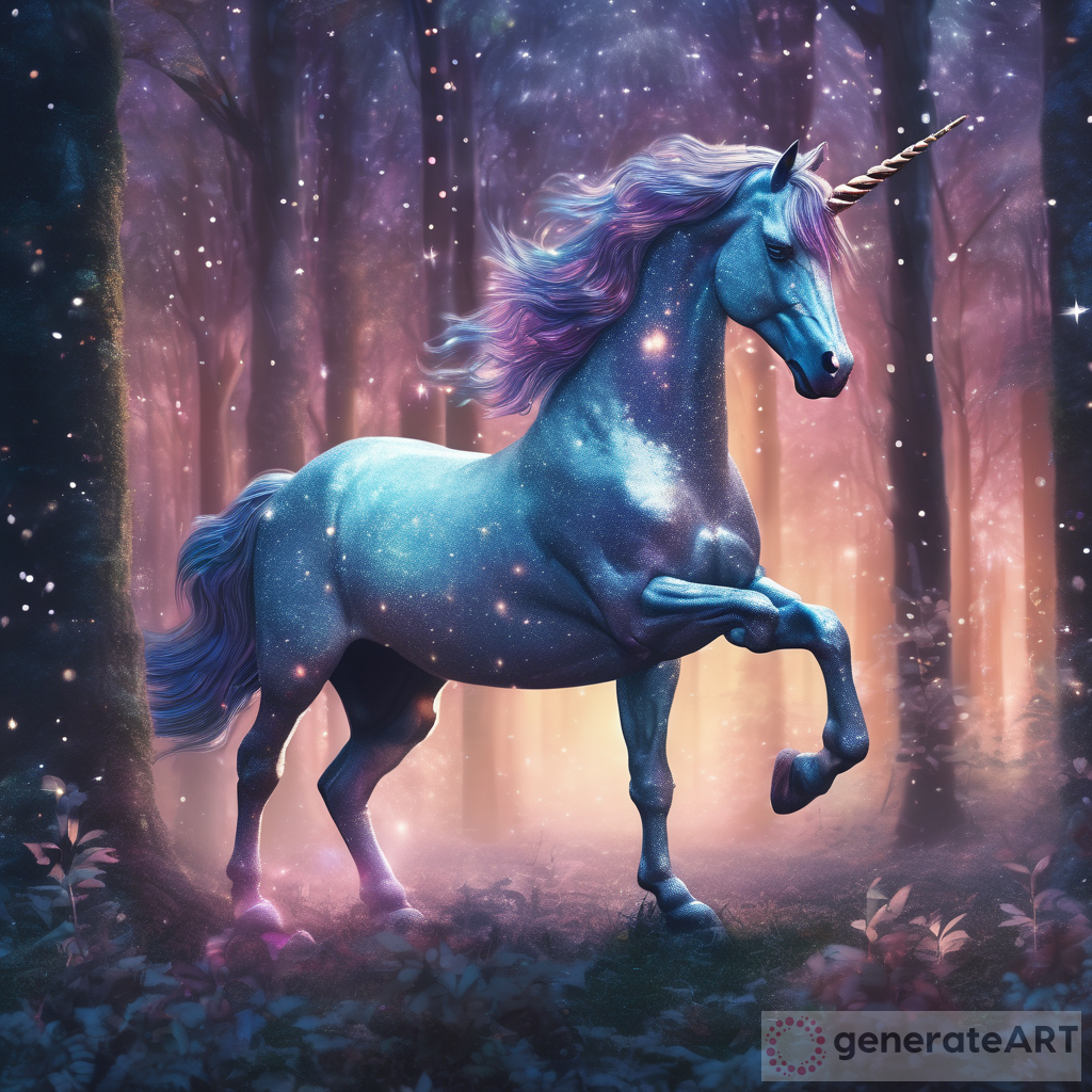 A majestic unicorn emerging from a glittering forest at twilight